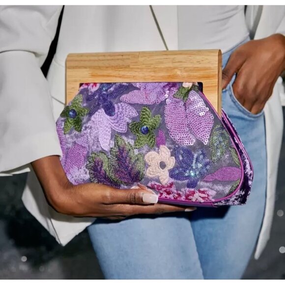 Floral Sequin Embellished Clutch With Velvet & Wooden Frame purple shein - Picture 1 of 7